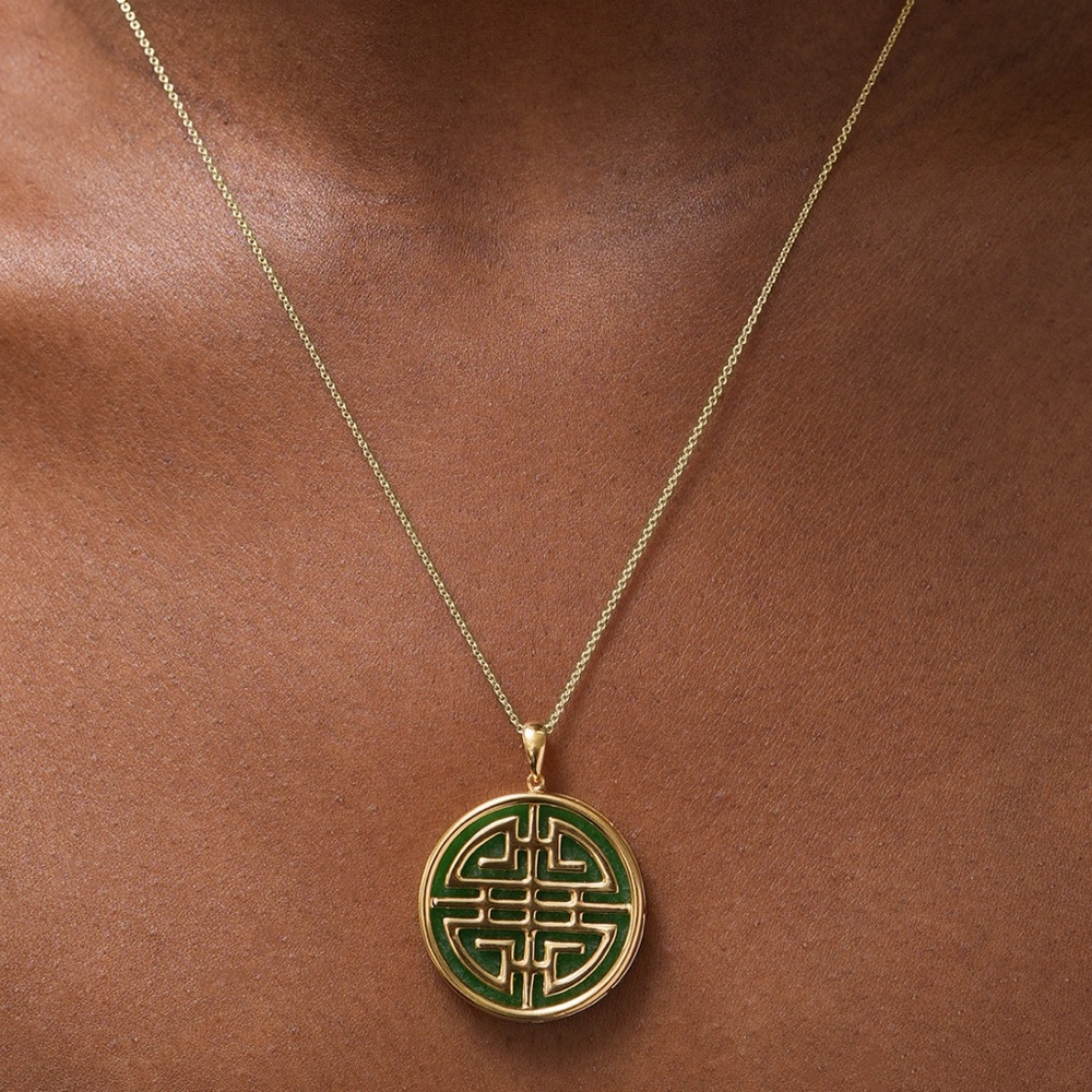 DYED JADE DOUBLE HAPPINESS INLAY PENDANT NECKLACE 14k GP STERLING SILVER  | 18”